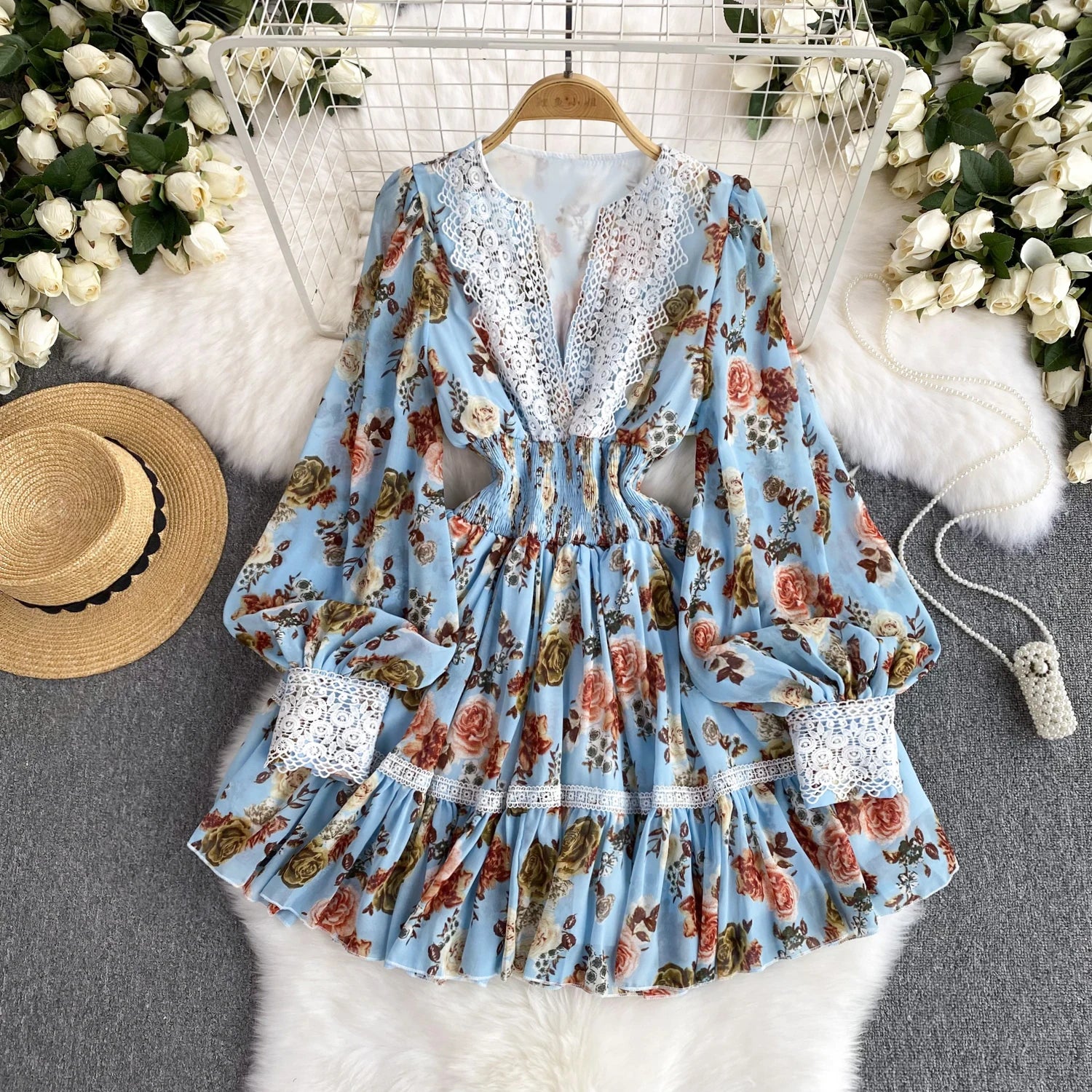 Chic V Neck Lace-trimmed Peplum Dress Floral-print Ruffles Summer