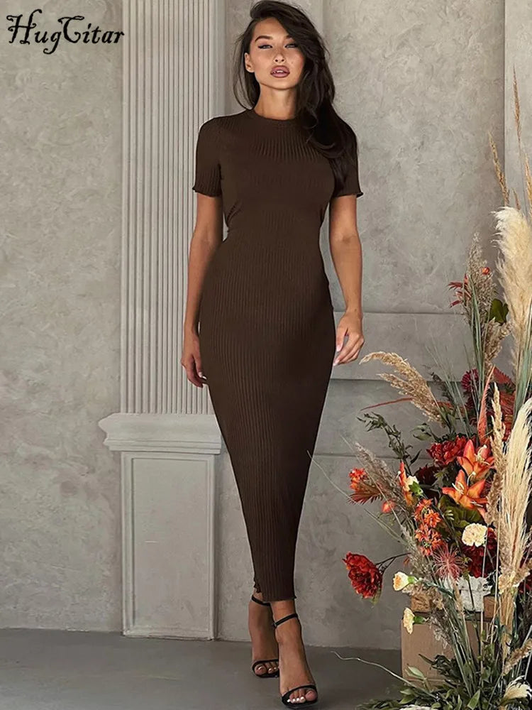 Solid O Neck Short Sleeve Bodycon Maxi Dress