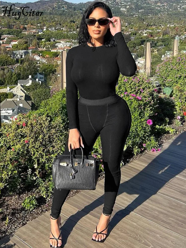 Solid Long Sleeve Crop Top and Pants Set Streetwear Fashion