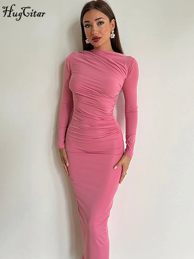 Solid O Neck Long Sleeve Maxi Dress for Women