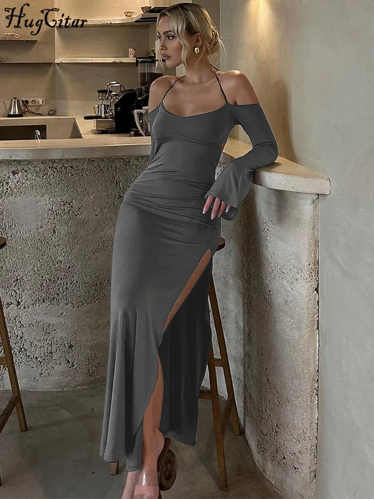 Solid Long Sleeve Backless Slit Maxi Dress for Party Club