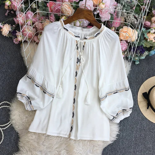 O-Neck Strap-Up Blouse with Lantern Sleeves for Women - Image 2