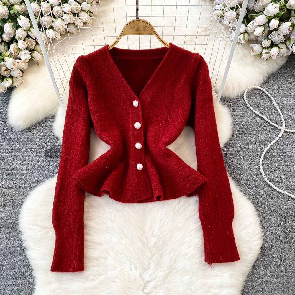 Women's V-Neck Long Sleeve Solid Cardigan Sweater Coat Korean Style - Image 5