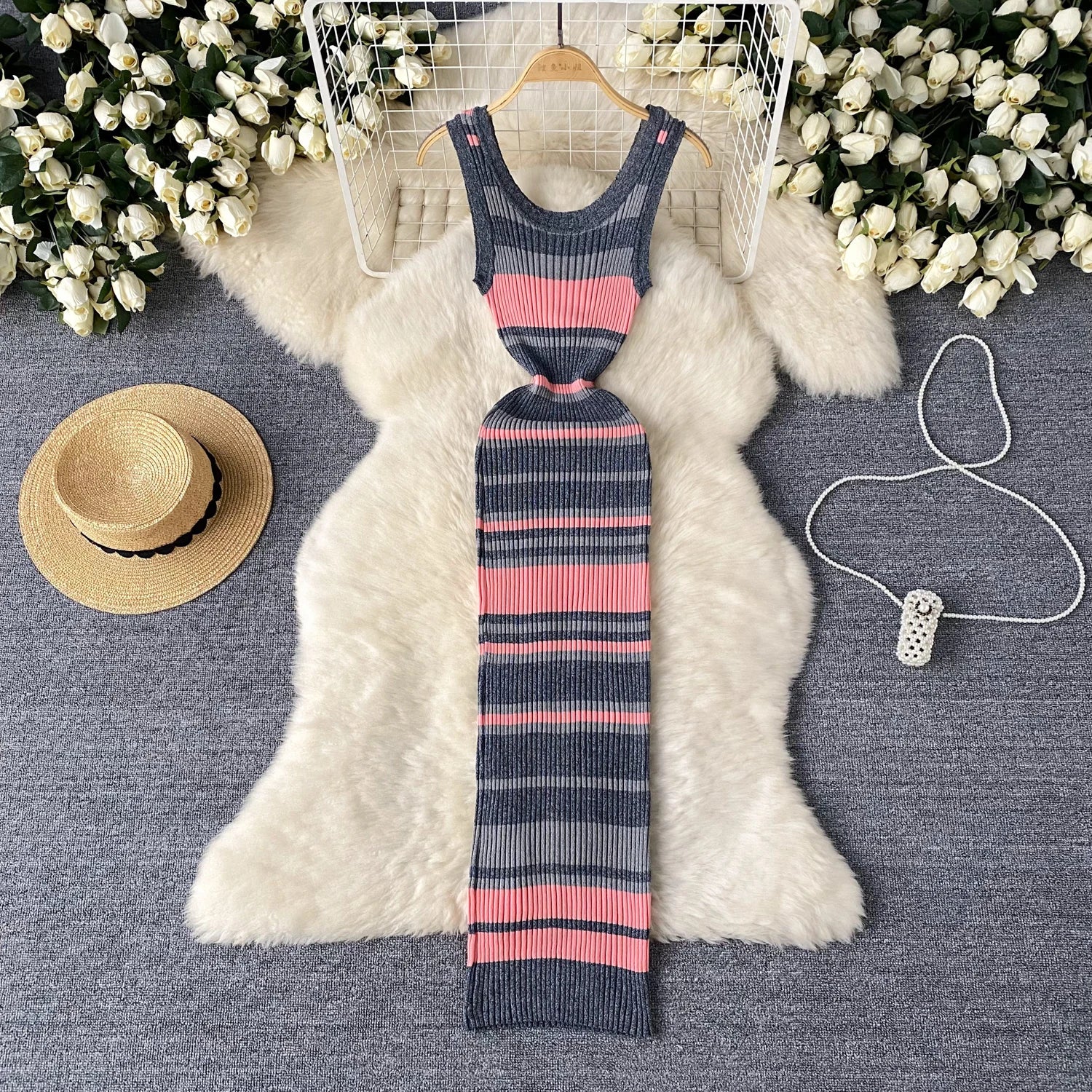 Striped long dresses for women: Colorblock retro vestido de mujer