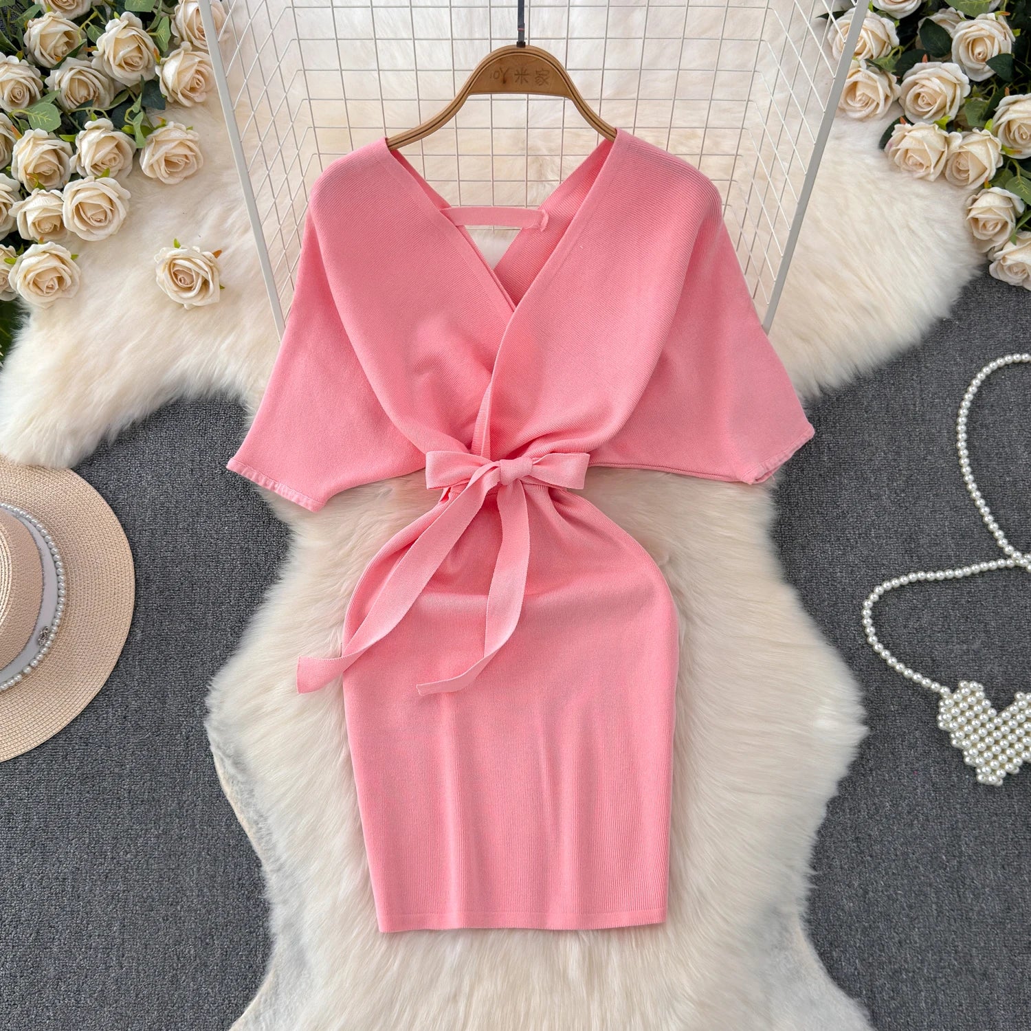 V Neck Batwing Sleeve Lace-up Wrap Dress for Women