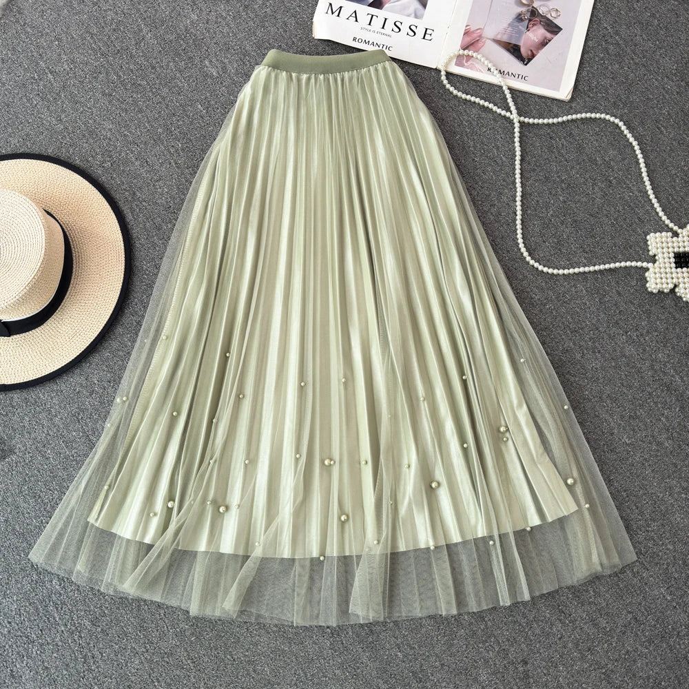 Patchwork Beaded A-Line Elastic Waist Long Skirt for Women - Image 2
