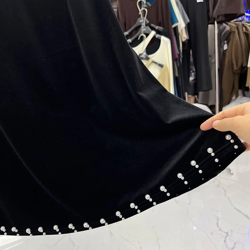 High Waist Velour Beaded Midi Skirt - Autumn Fishtail Fashion - Image 4