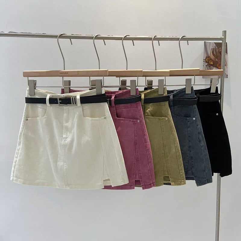 High Waist Women's Mini Skirt with Belt Pockets