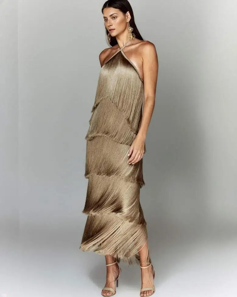 Tassel Open Back Split Solid Color Dress For Women - Image 4