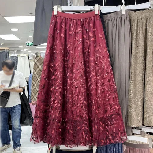 High-waisted Embroidered Midi Skirt for Women: Korean Style - Image 2