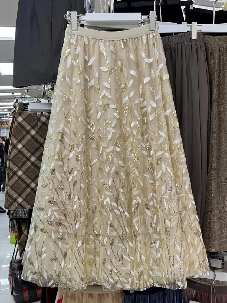 High-waisted Embroidered Midi Skirt for Women: Korean Style - Image 5