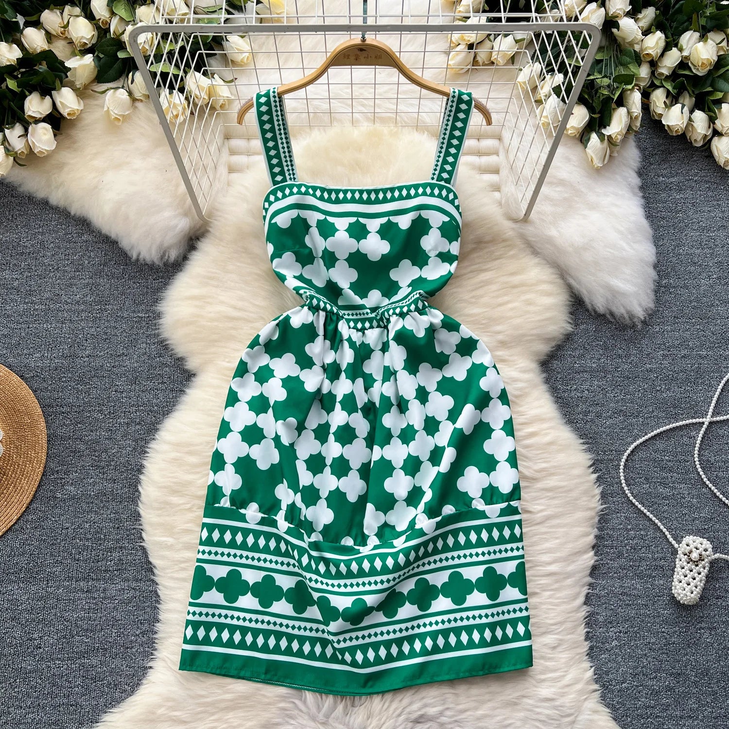 Square Collar Sleeveless Floral-print Backless A-line Dress: Korean Style