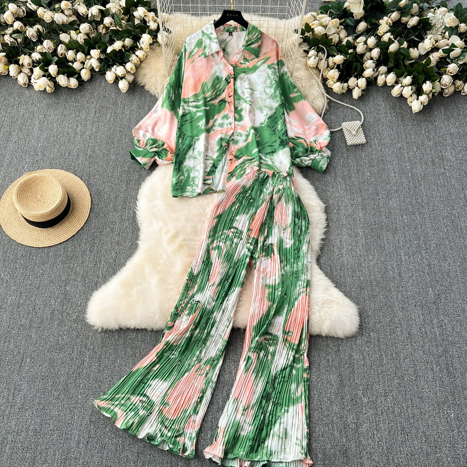 Women's Printed Pleated Shirt and Wide Leg Pant Set