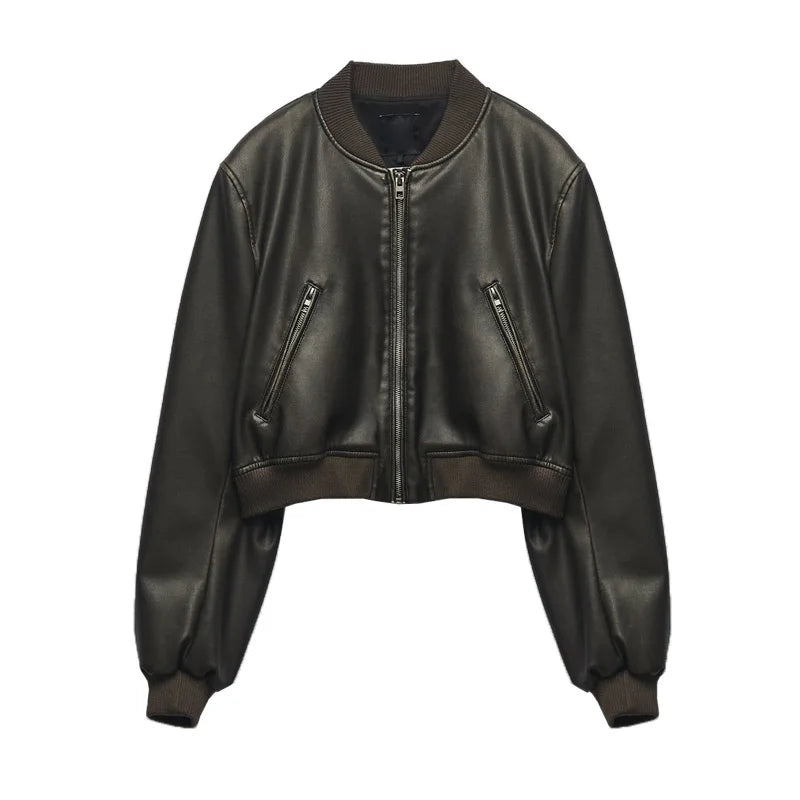 Washed Gradient Leather Zip Up Bomber Jacket for Women - Image 7