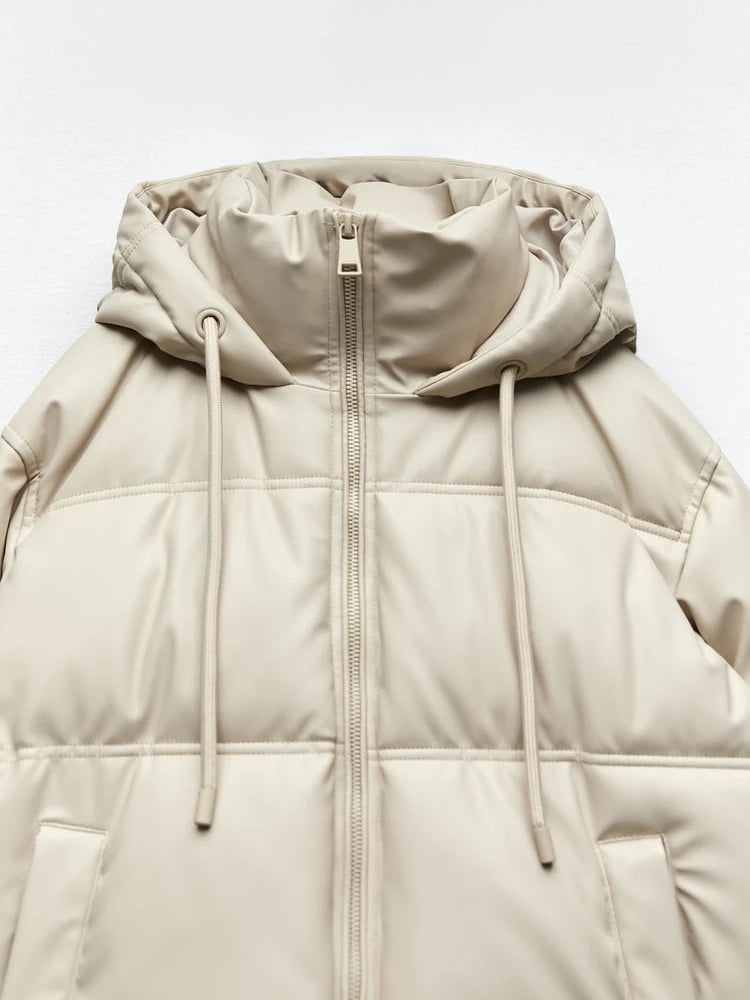 Women's Winter Hooded Padded Faux Leather Jacket Coat - Image 8