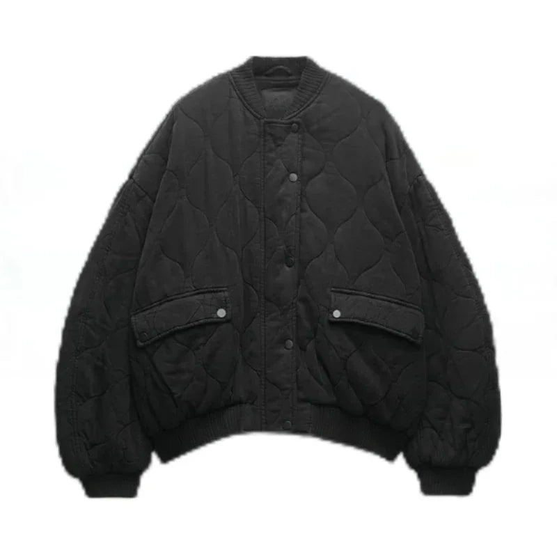 Women's Quilted Bomber Jacket with Crew-neck and Flap Pocket - Image 2