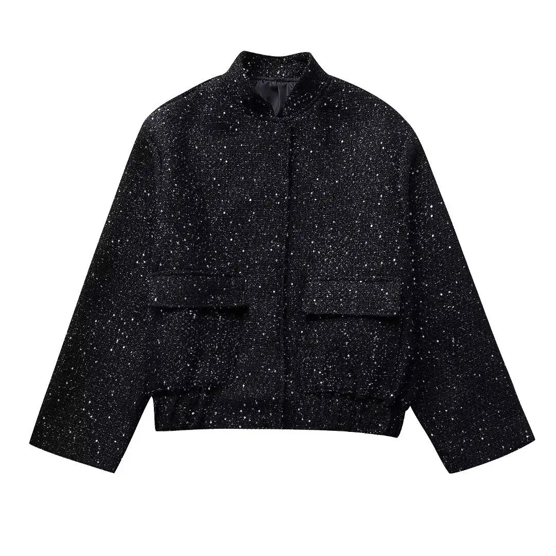 Sequined bomber jacket with pocket, stretch hem and chic style - Image 2