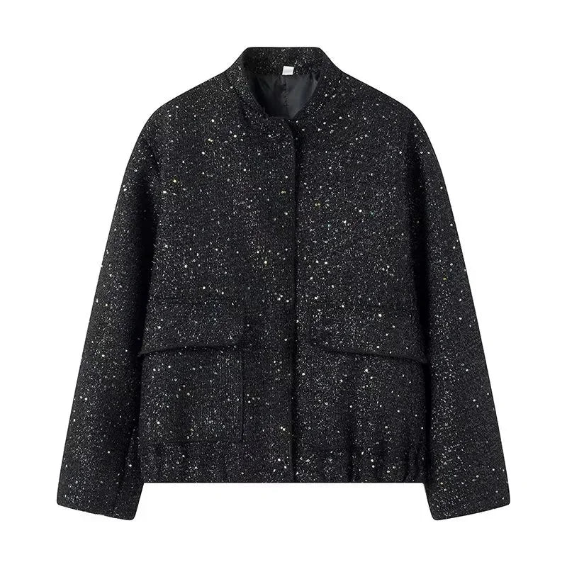 Women's Shiny Sequined Bomber Jacket with O-Neck and Pockets - Image 6
