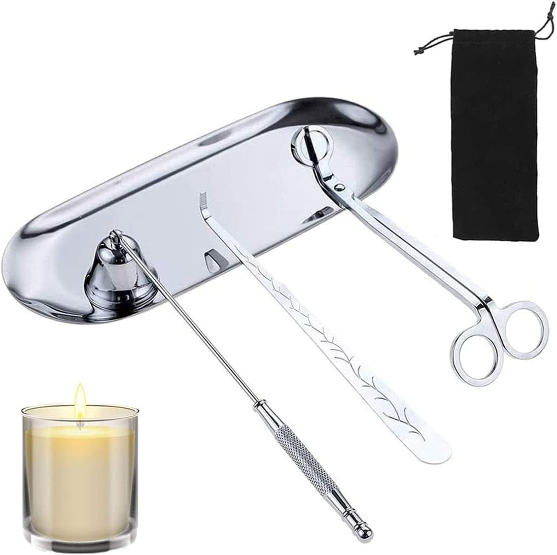 Liusu 4 in 1 Candle Accessory Set - Candle Wick Trimmer,Candle Snuffer,Candle Wick Dipper & Storage Tray Plate Candle Care Tools Gift for Scented Candles Lovers (Silver)