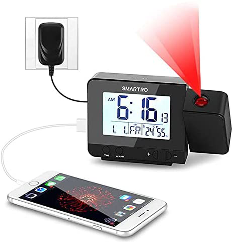 SMARTRO SC31 Projection Alarm Clock Digital Clock with Indoor Thermometer Hygrometer, USB Charger, Dual Alarm Clocks for Bedrooms, Travel, AC & Battery Operated