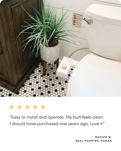 Bathroom interior showing a toilet with a bidet attachment and a potted plant, accompanied by a customer testimonial.
