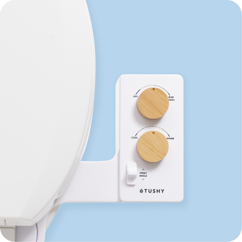 Tushy Spa 3.0 White / Bamboo-classic - a warm water bidet attachment by TUSHY White with Bamboo Knobs