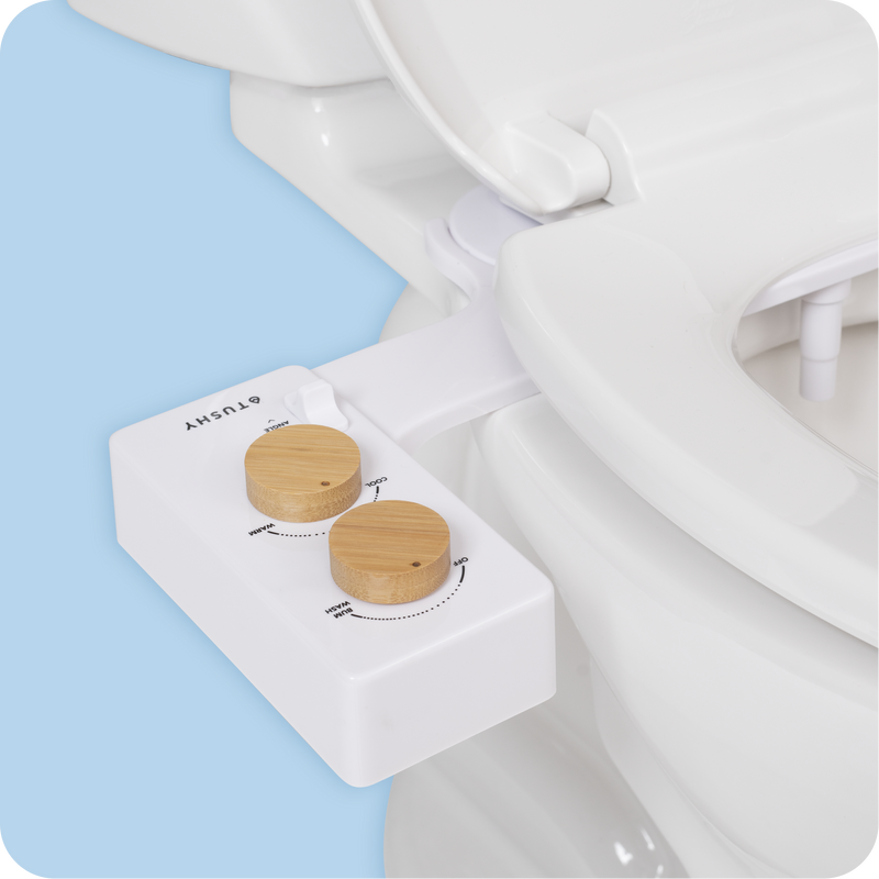 Tushy Spa 3.0 White / Bamboo-classic - a warm water bidet attachment by TUSHY White with Bamboo Knobs