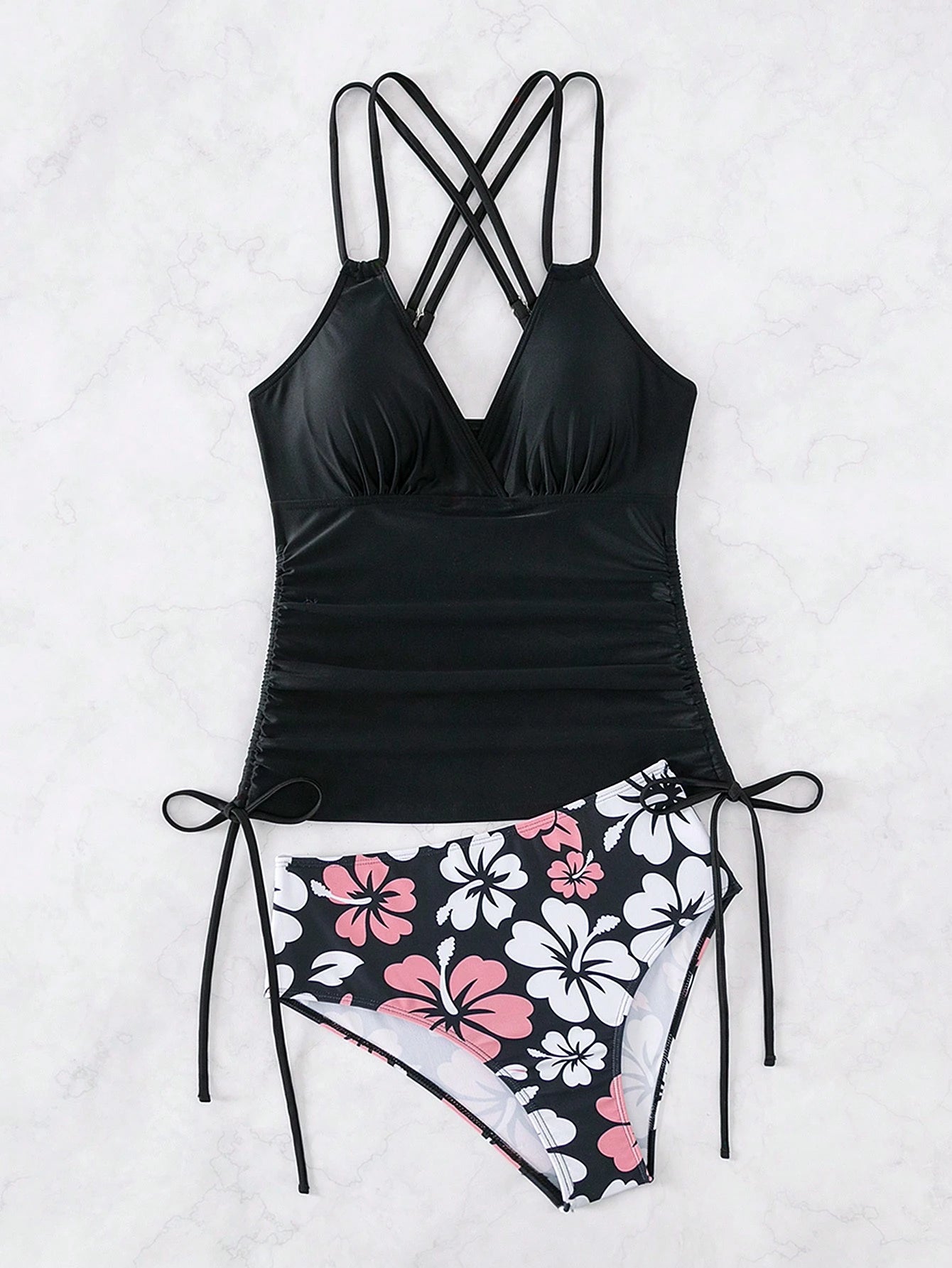 SHEIN Swim Maiô Bikini Tankini com Cordão Lateral e Estampa Floral de Praia de Verão para Mulheres