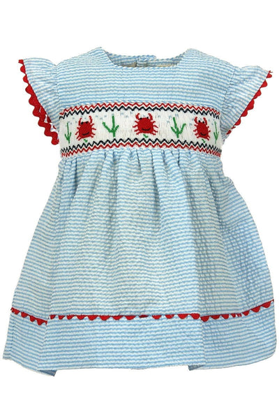 Carriage Boutique Smocked Crabs Blue Striped Girl Dress