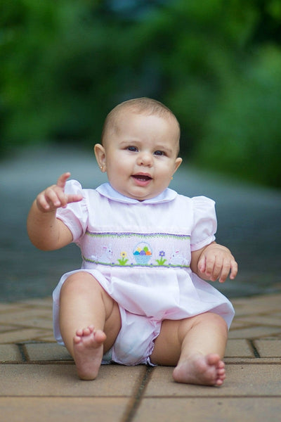 Smocked Bunnies Short Sleeve Baby Girl Bubble Romper Easter Outfit