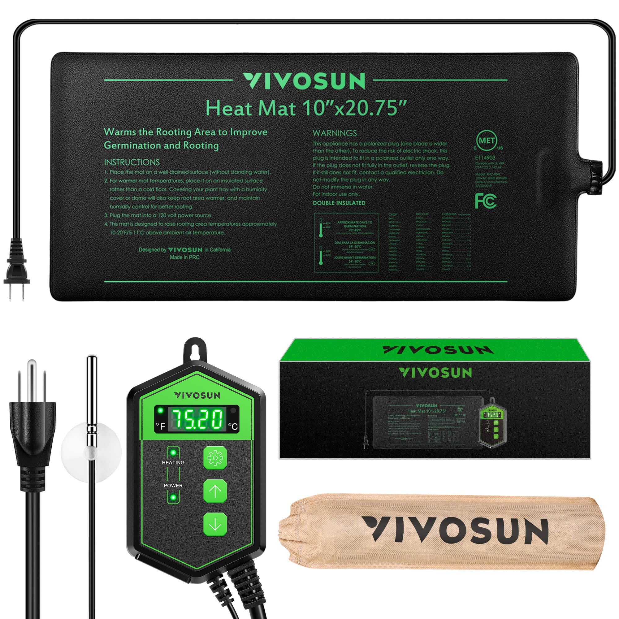 10x20.75 Seedling Heat Mat and Digital Thermostat Combo Set MET Standard