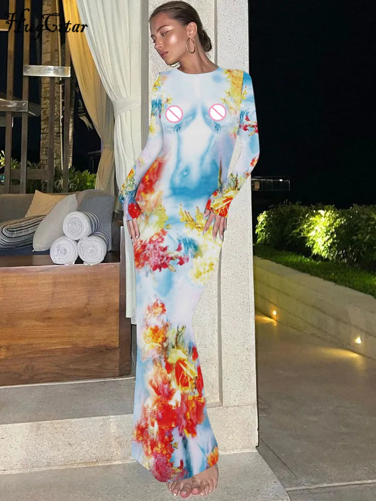 3D Body Print Long Sleeve Patchwork Bodycon Maxi Dress