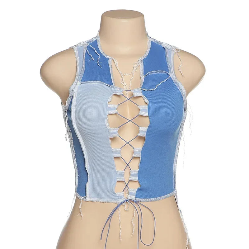 Blue Bandage Cut Out Crop Top - Punk Fashion Tank