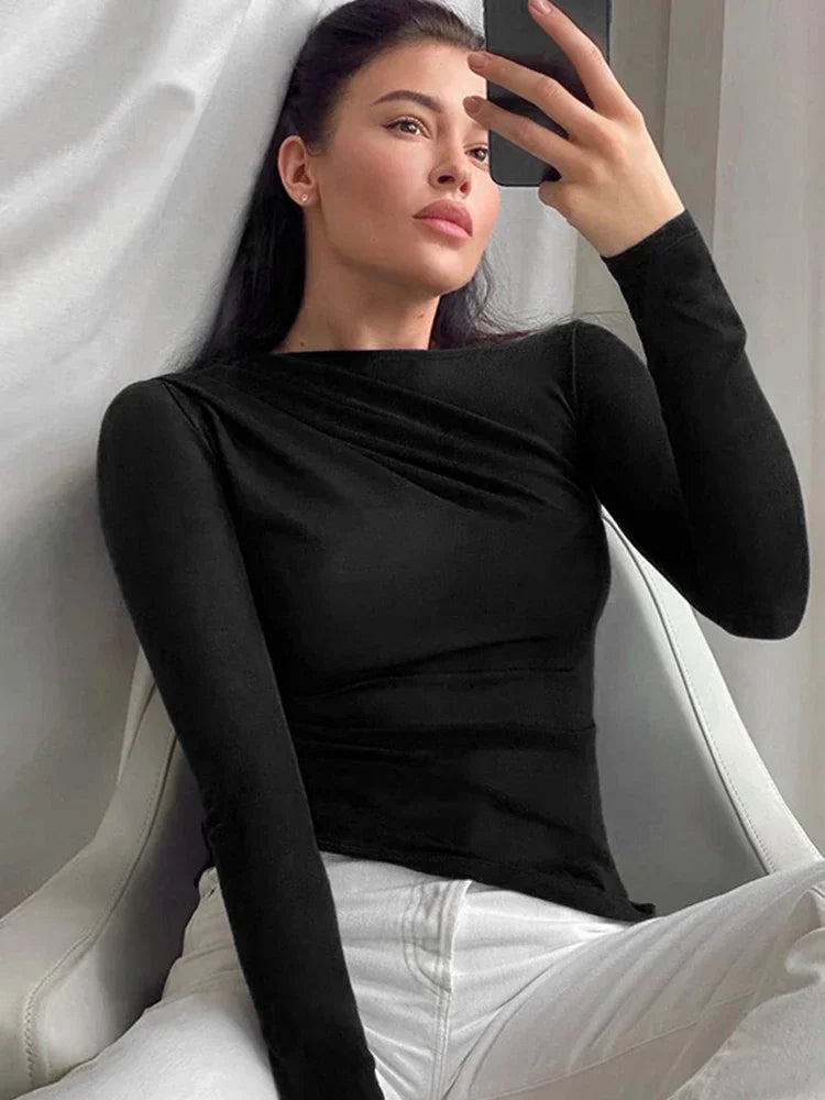 Black Ruched Skinny Long Sleeve Knitted T-shirt for Women