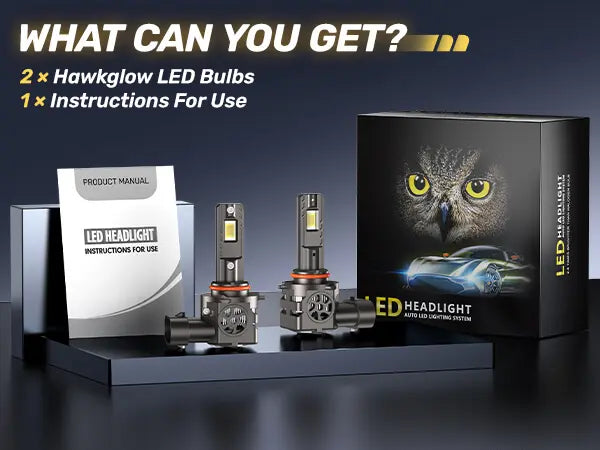 Package including two 9005 HB3 bulbs, user manual, and installation guide for easy setup and installation