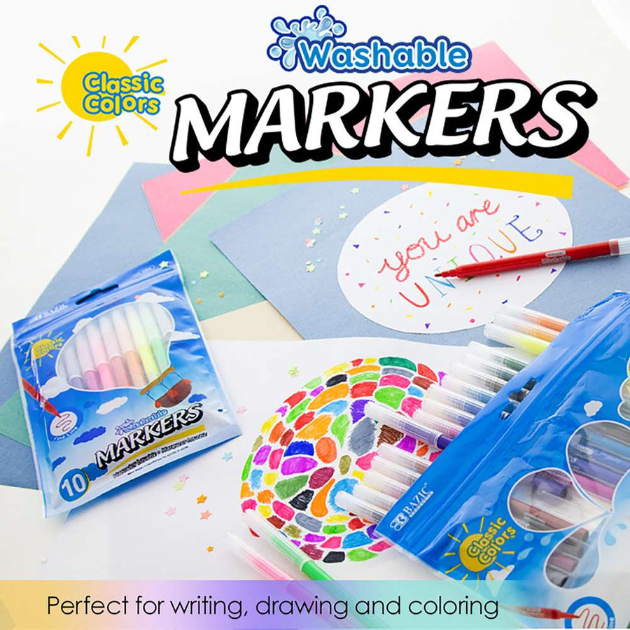 BAZIC Felt Tip Washable Markers 10 Colors - Bazicstore