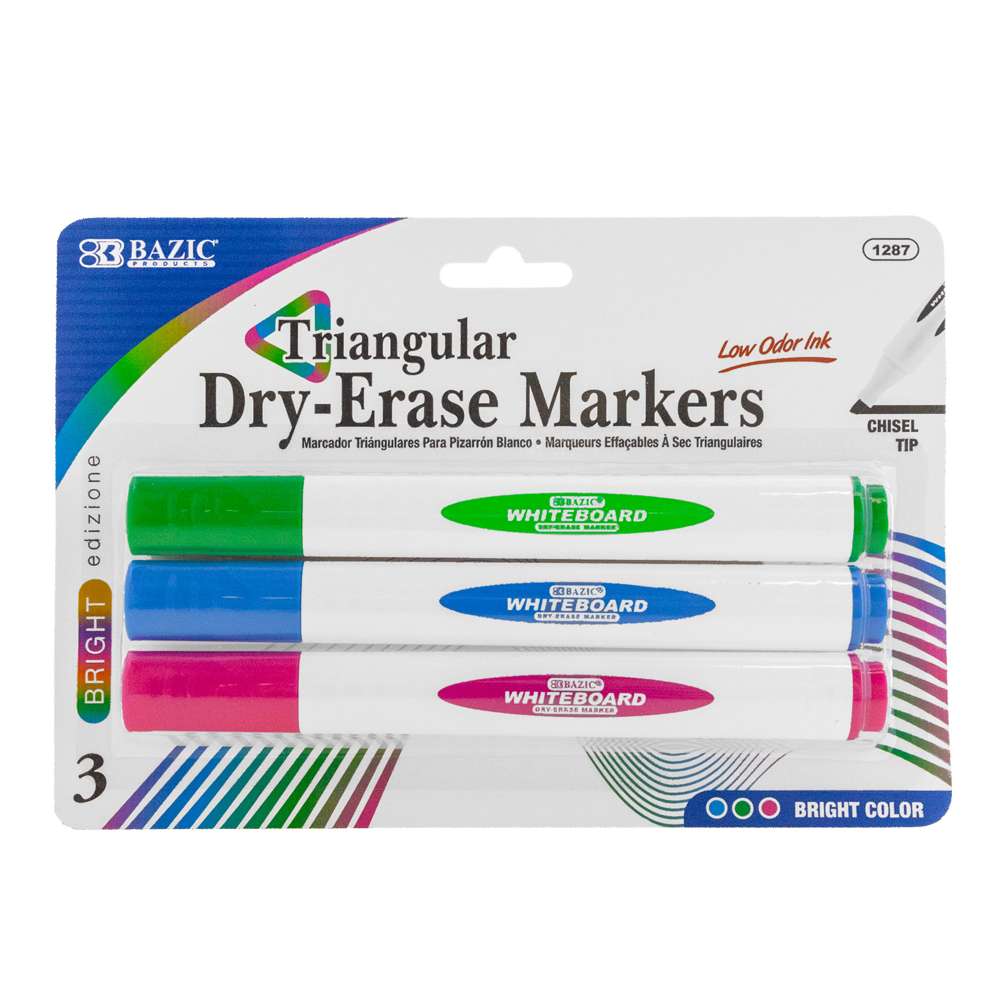 BAZIC Triangle Dry-Erase Markers Chisel Tip Assorted Colors (4