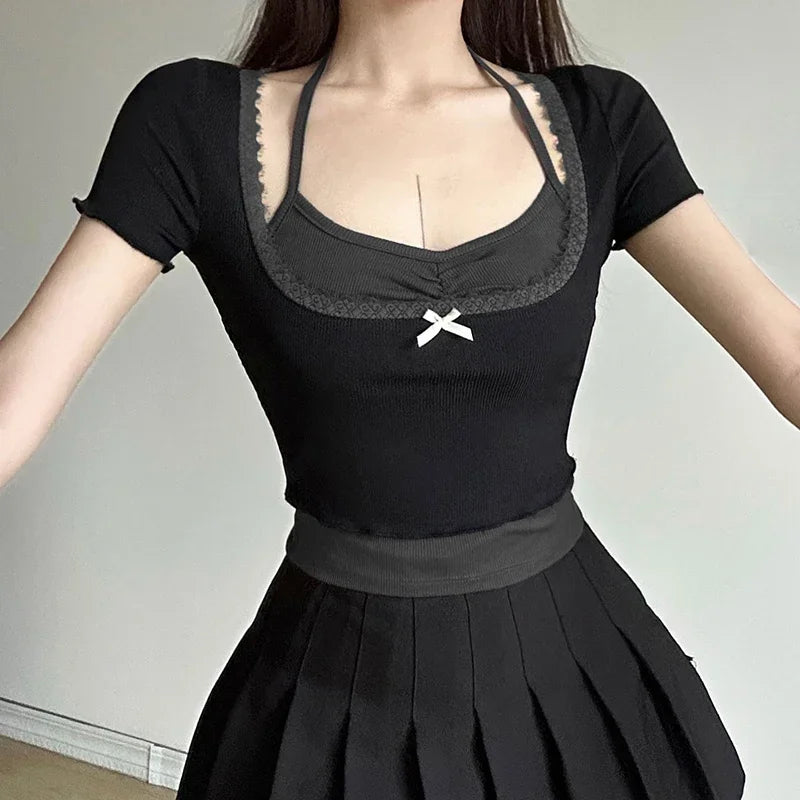 Contrast Patchwork Fake Two-piece Top Korean Style Women's T-shirt