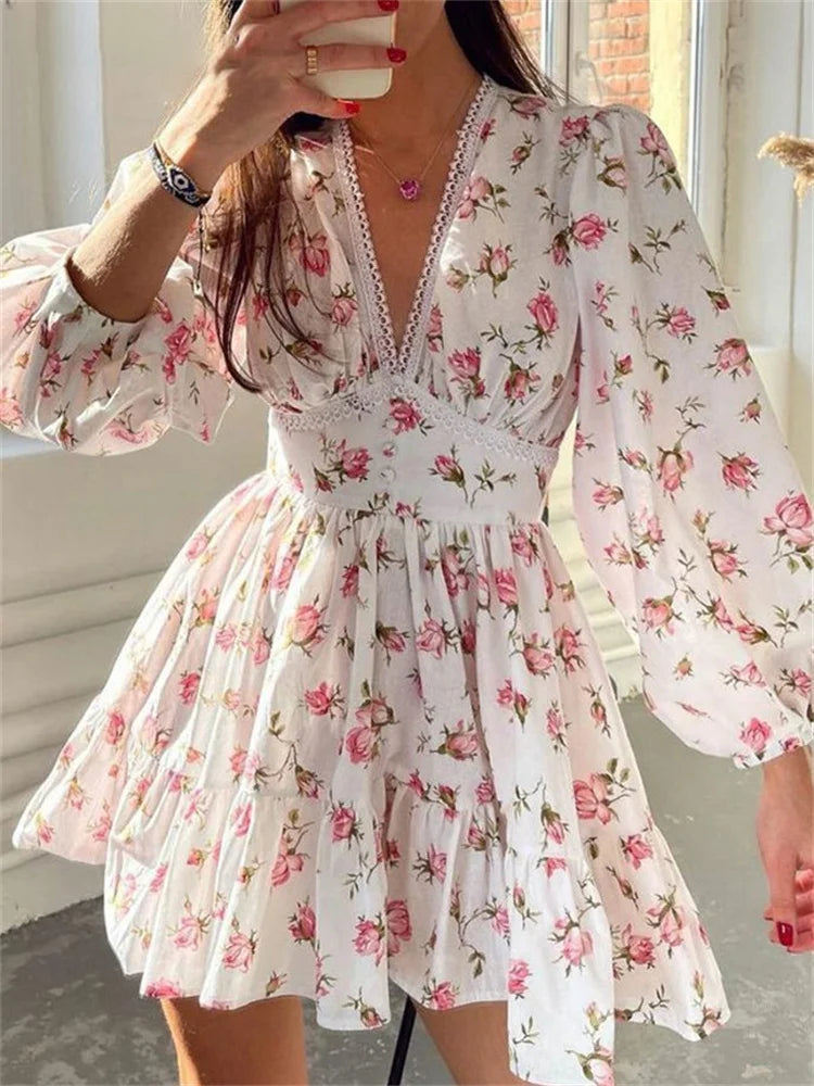 Floral Print Deep V Neck Short Mini Dress