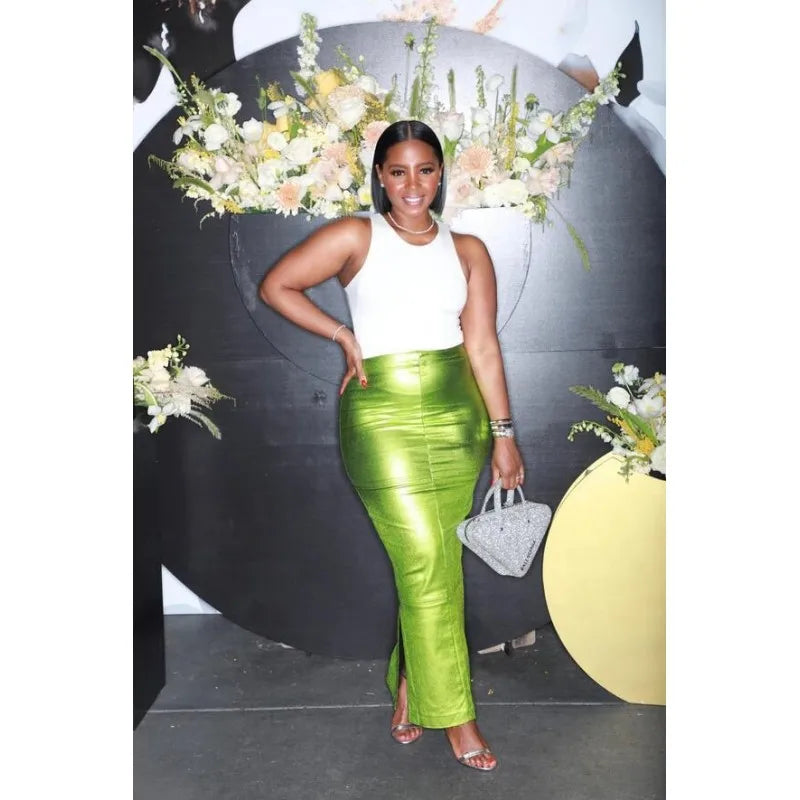 Green Metallic High Waist Maxi Skirt with Back Slit - Image 5