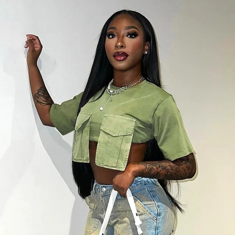 Women's Spring Patchwork Crop Top with Short Sleeve Pockets - Image 8