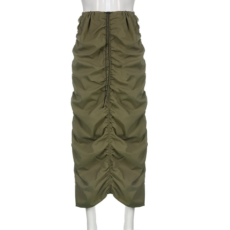 Grey Pleated Side Slit Cargo Maxi Skirt Streetwear Fashion - Image 5