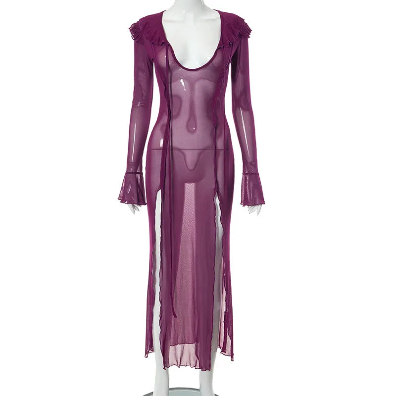 Purple Black See Through Ruffle Maxi Dress for Women - Image 8