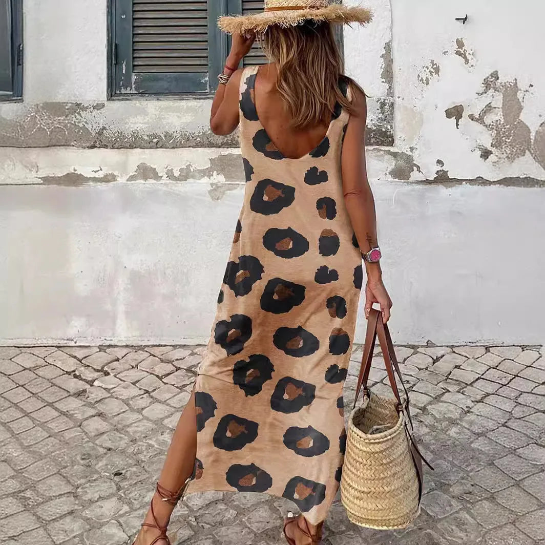 Sleeveless Leopard Print Long Dress - Summer Casual Side Split - Image 3