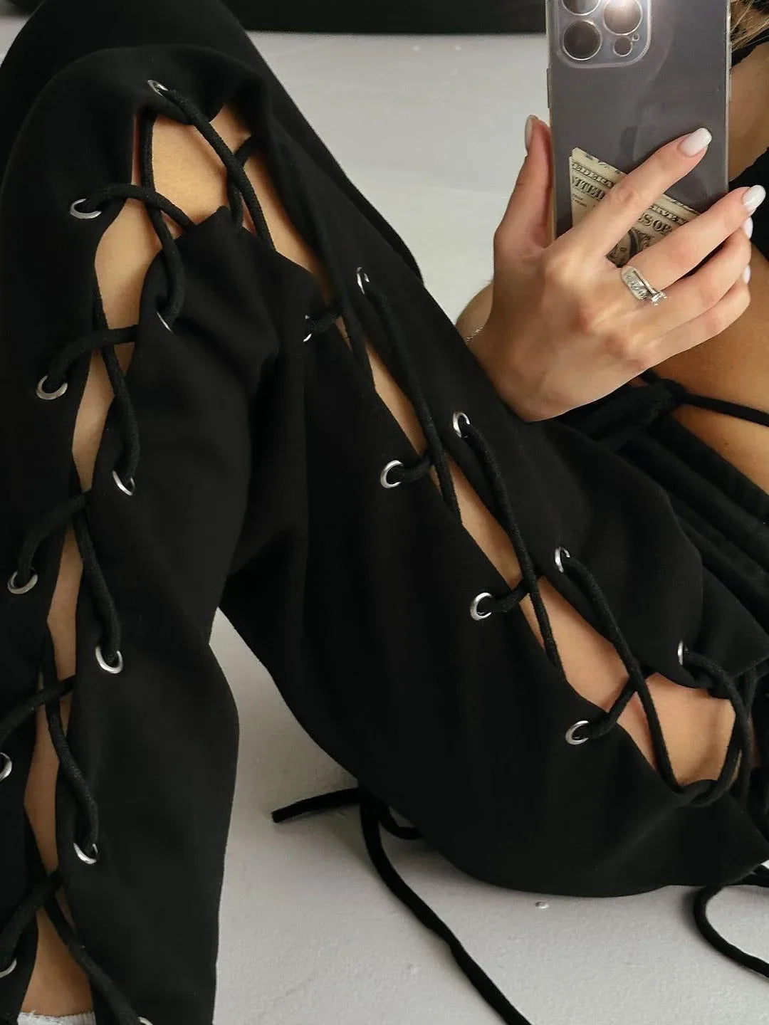 White Knitted Slit Hollow Sweatpants Women High Waist Loose Casual Streetwear - Image 5