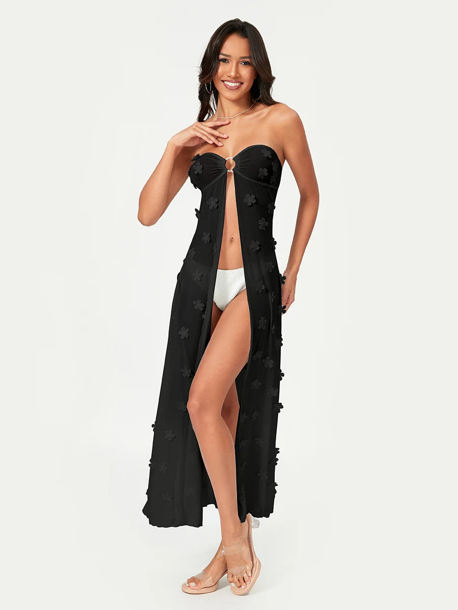 Flower Embellished Strapless Beach Cover Up for Women