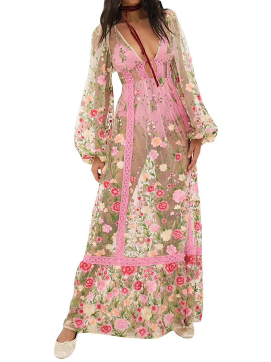 Flower Bodycon Sheer Long Sleeve Maxi Dress Cover Up - Image 3