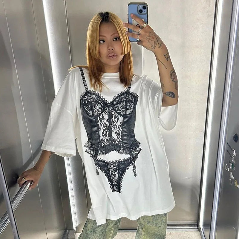Baggy White Graphic T-Shirt for Women, Oversized Casual Summer Top - Image 6