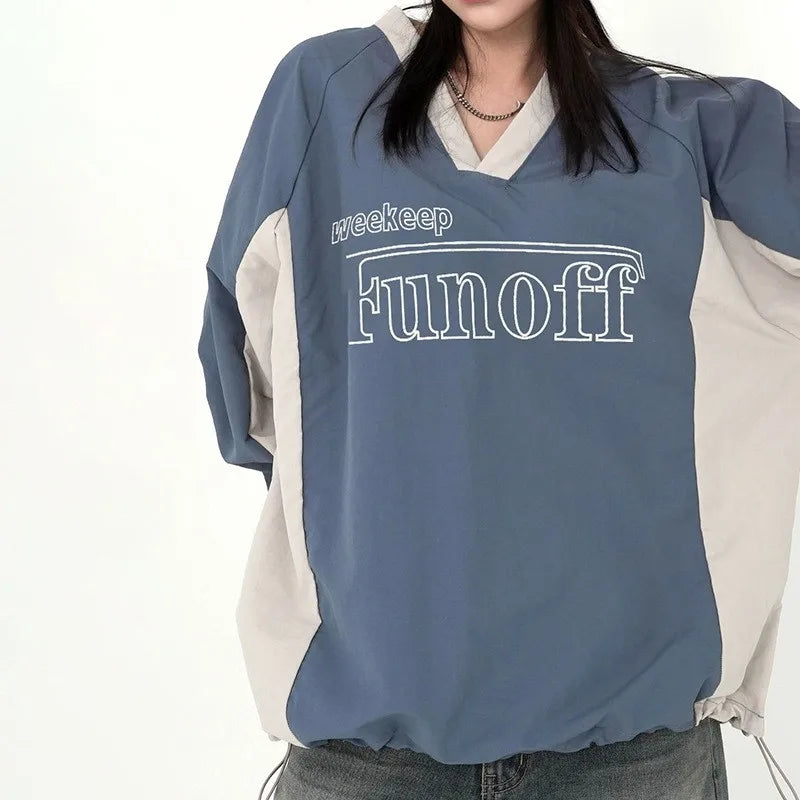 Oversized V Neck Drawstring Sweatshirt with Contrast Colors for Women - Image 7