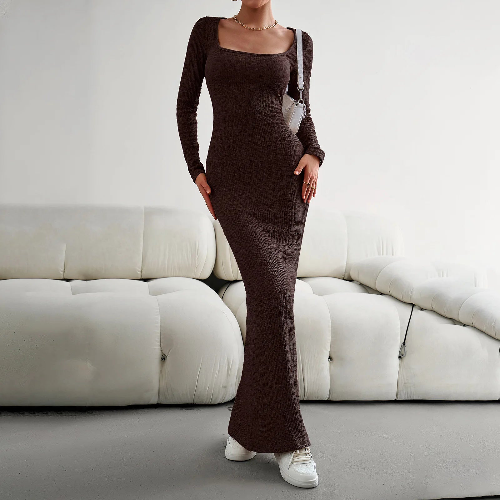 Long Sleeve Square Neck Knit Dress for Women Streetwear - Image 4